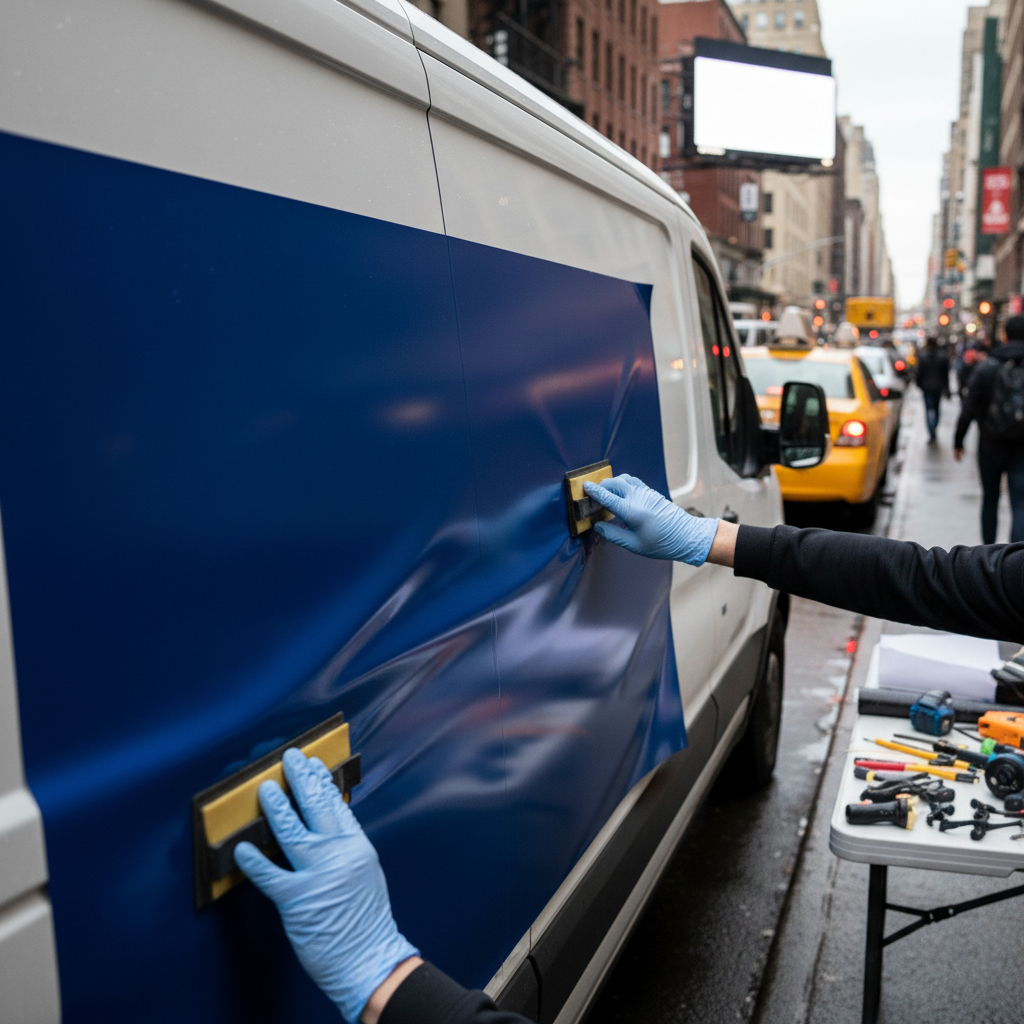 Vinyl wrap being applied to a delivery van in New York