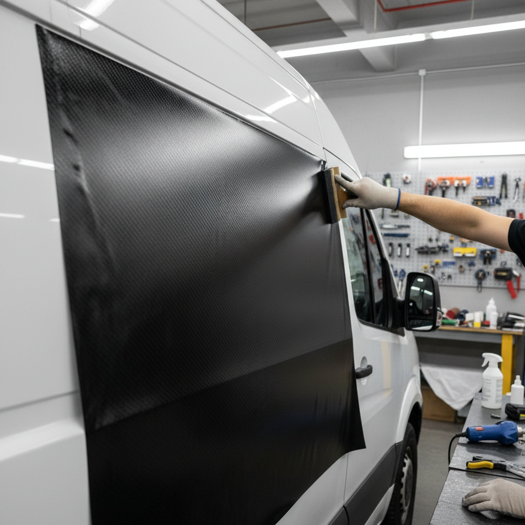 Professional hand applying vinyl wrap to a fleet vehicle