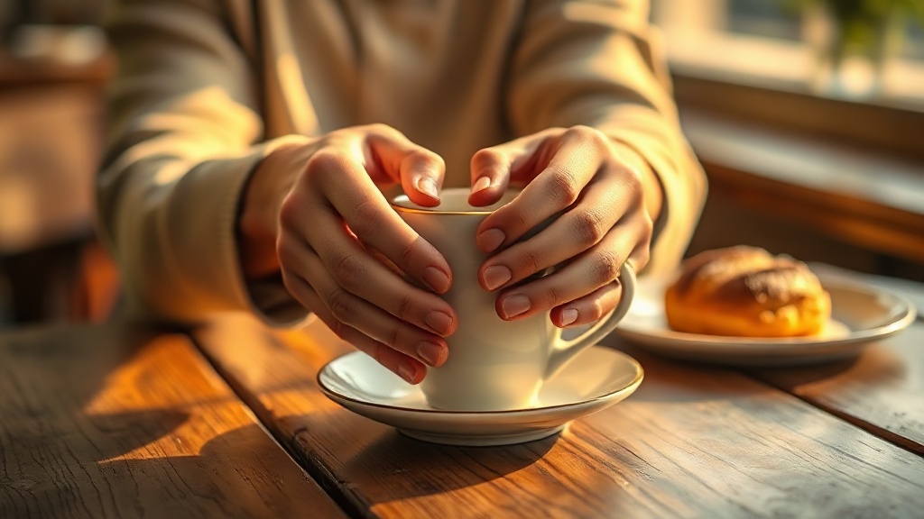 Mains tenant une tasse de thé dans un salon de thé cosy à Rennes