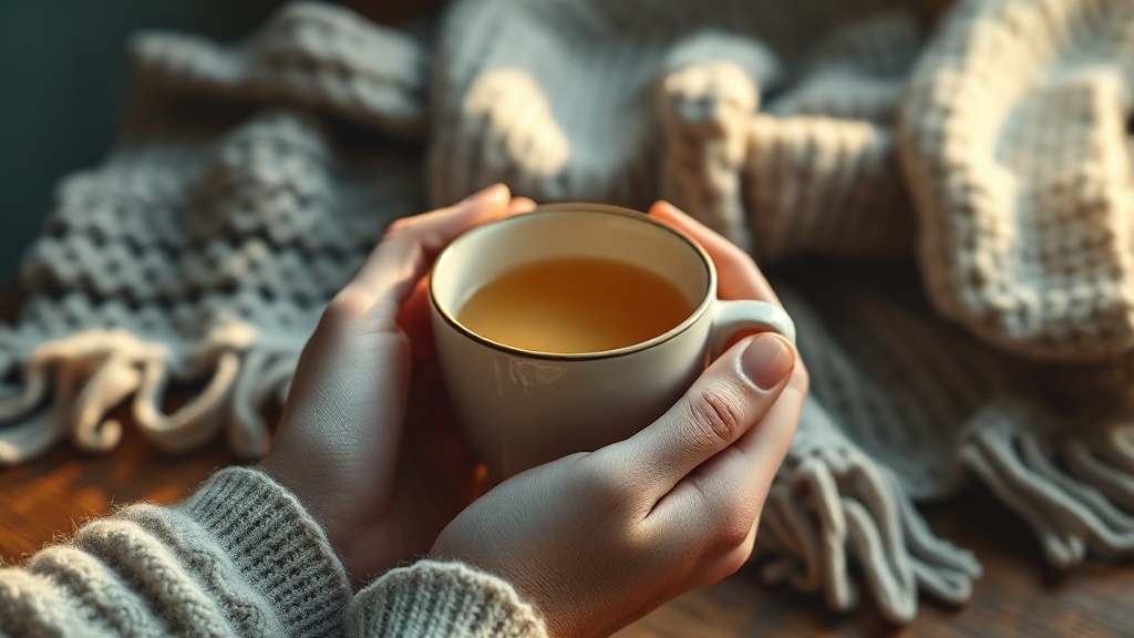 Mains tenant une tasse de thé chaud dans une ambiance cosy de fin d'après-midi