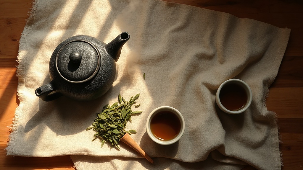 Théière en fonte japonaise avec thé en vrac et tasses en céramique pour infusion maison