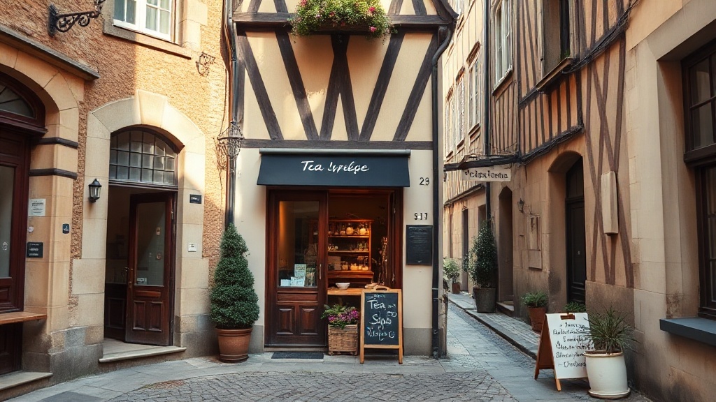Rue à colombages du centre historique de Rennes avec une façade de salon de thé