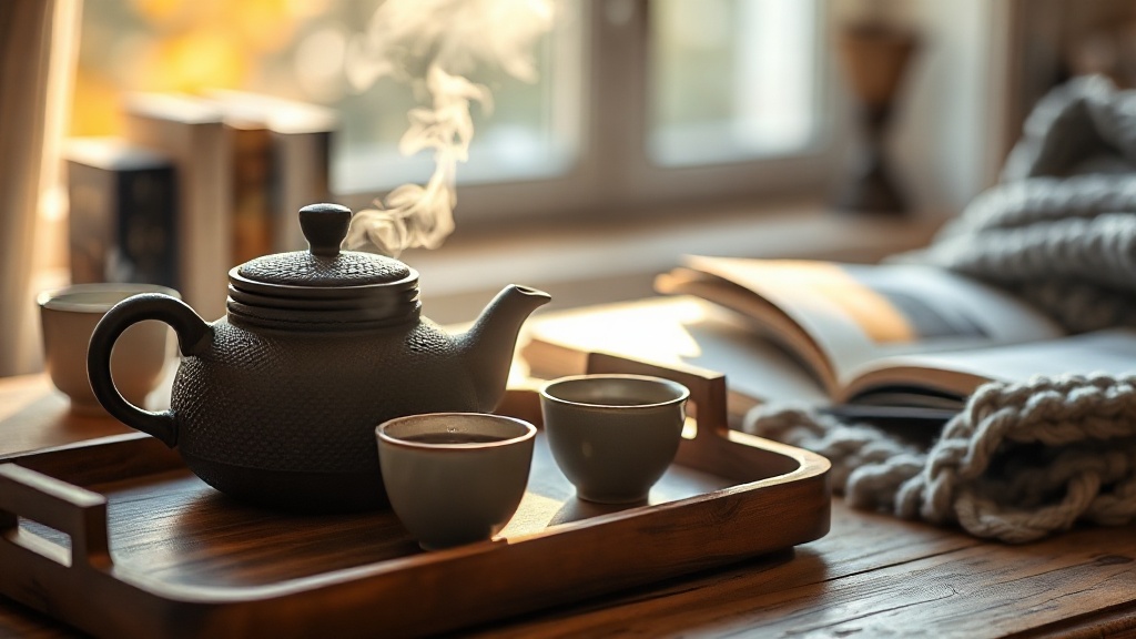 Théière en fonte japonaise sur un plateau en bois avec deux petites tasses, ambiance cosy à la maison
