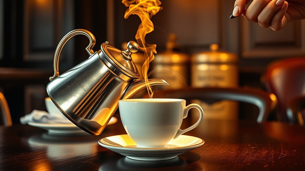 Théière en argent versée dans une tasse de porcelaine dans un salon de thé parisien classique