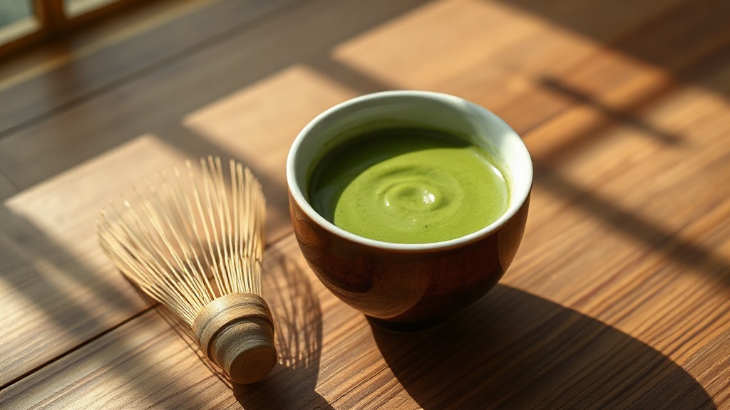Bol de matcha cérémoniel avec un fouet chasen en bambou dans un salon de thé japonais parisien