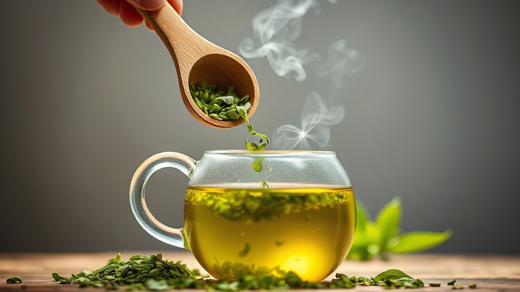 Feuilles de thé vert fraîches versées dans une théière en verre avec vapeur légère