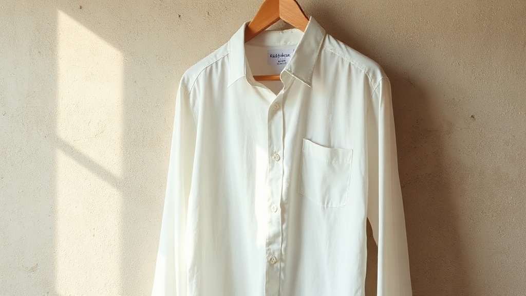 White linen shirt on wooden hanger against stone wall, showing natural weave texture in soft light