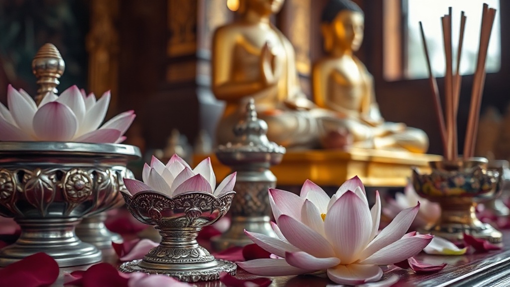 Offrandes votives en argent et fleurs de lotus sur un autel bouddhiste du Wat Preah Keo Morokat