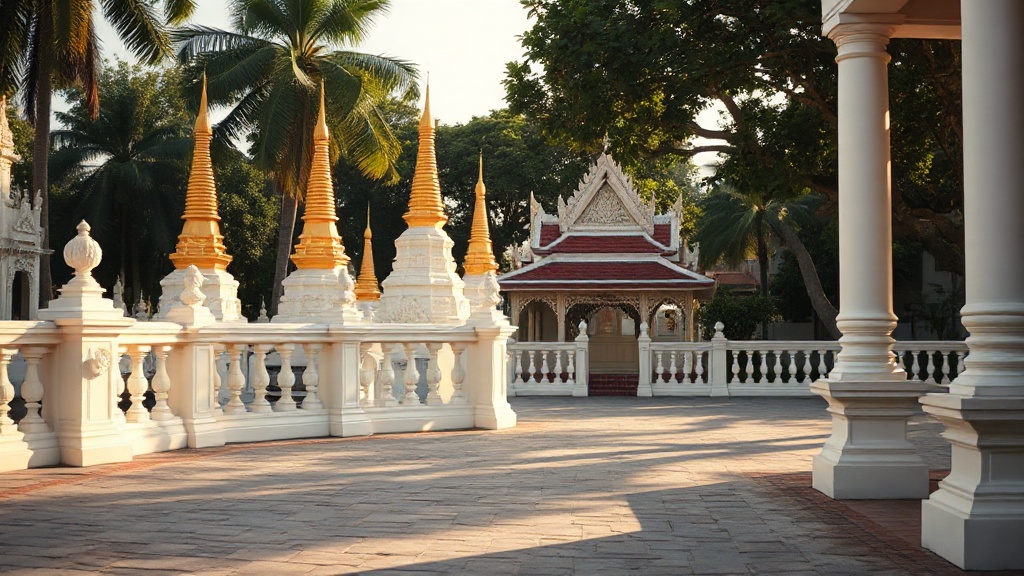 Cour intérieure du Wat Preah Keo Morokat avec stupas dorés et pavillons royaux à Phnom Penh