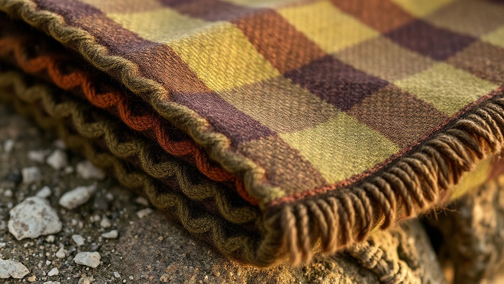 Close-up of folded Harris Tweed fabric in heathered earth tones showing hand-spun yarn texture