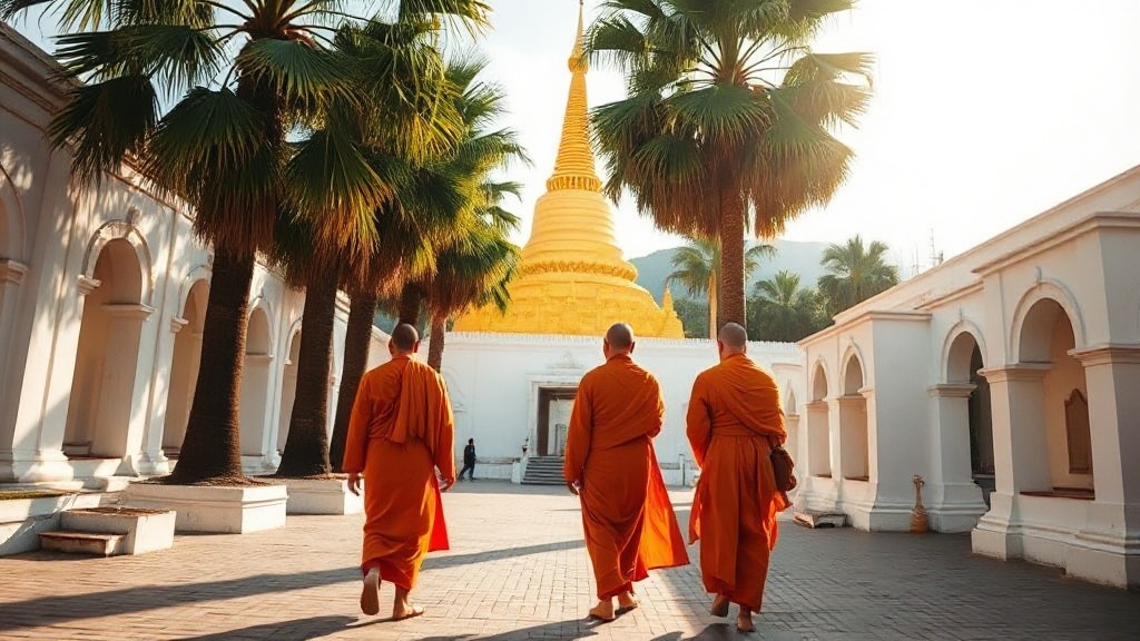 Moines en robes safran traversant la cour d'un temple bouddhiste khmer avec stupa doré en arrière-plan