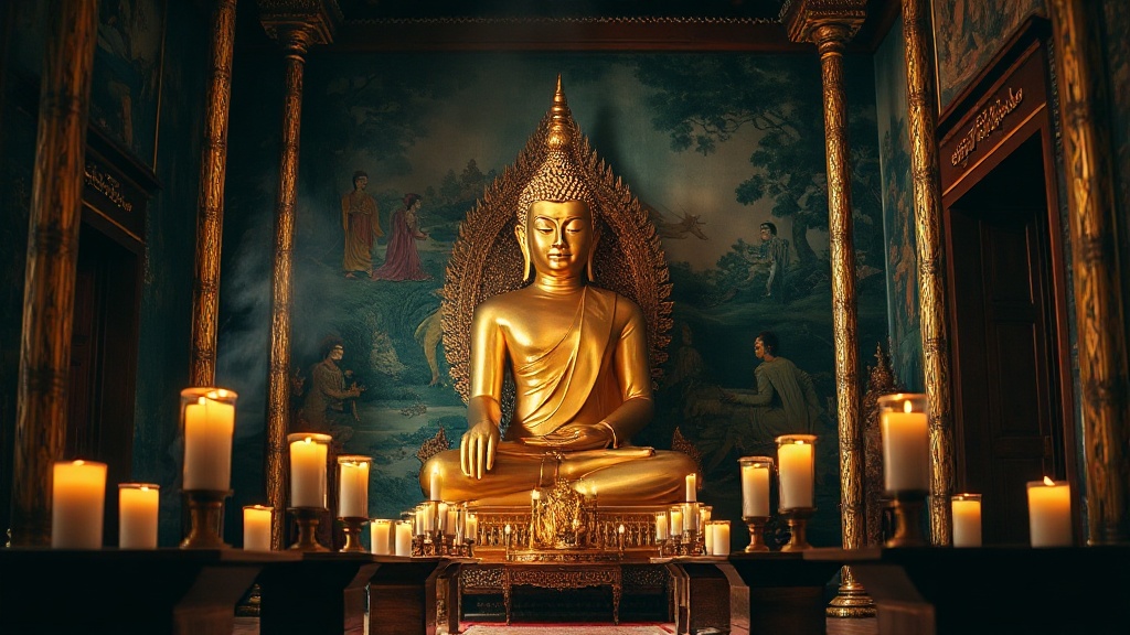Statue de Bouddha dorée en bhumisparsha mudra entourée de peintures murales de scènes Jataka