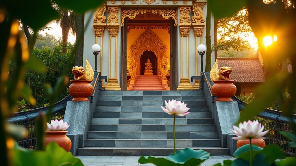 Portail d'entrée d'un temple bouddhiste khmer avec nagas dorés et fleurs de lotus en pots