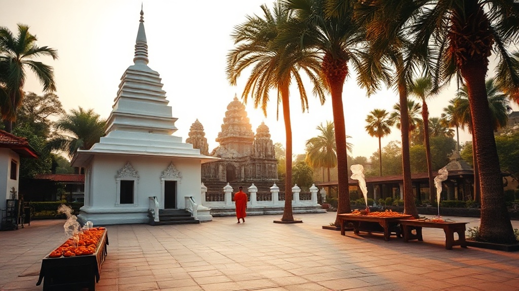 Pagode bouddhiste moderne et ruines khmères coexistant au Wat Ek Phnom