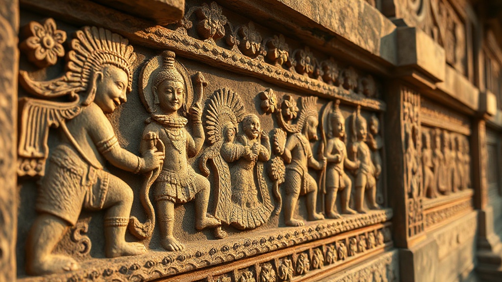Bas-reliefs en grès du Wat Ek Phnom, décors khmers du XIe siècle