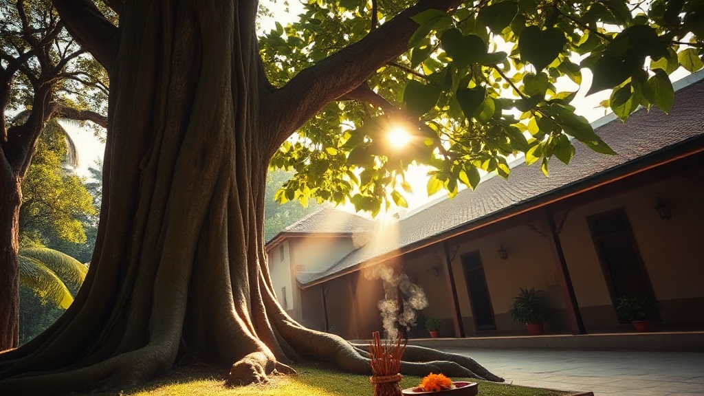 Arbre bodhi dans l'enceinte d'un monastère bouddhiste khmer, avec offrandes florales à sa base