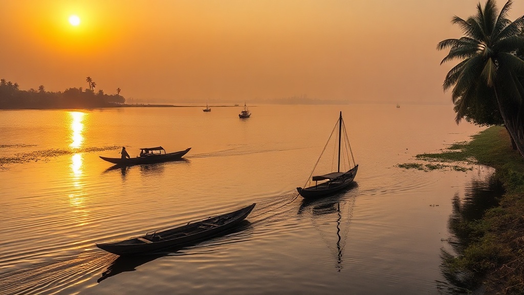 Le Mékong au coucher du soleil depuis les rives de Kompong Cham, Cambodge