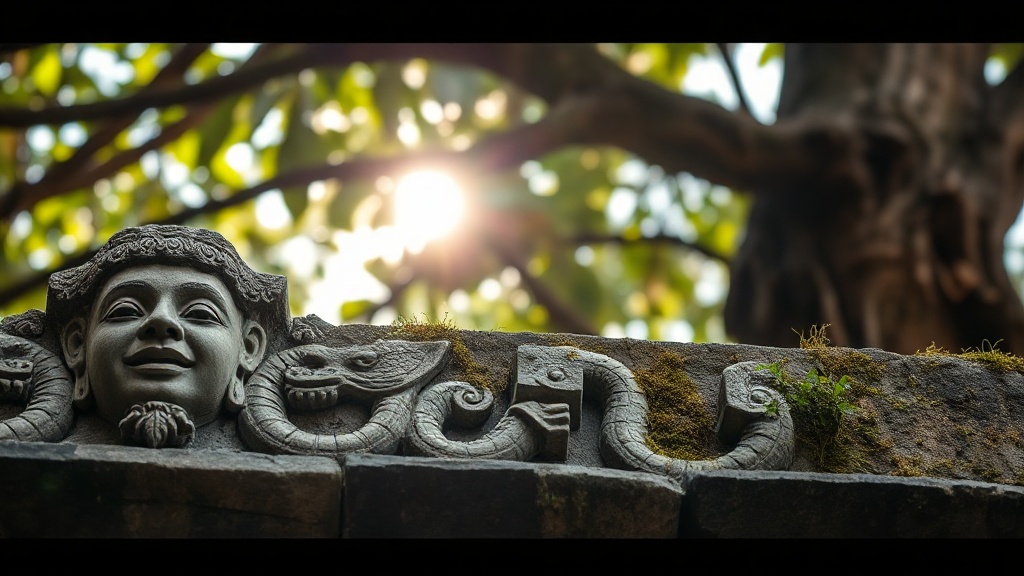 Linteau en grès angkorien sculpté de motifs kala et nâgas au Wat Nokor, Kompong Cham