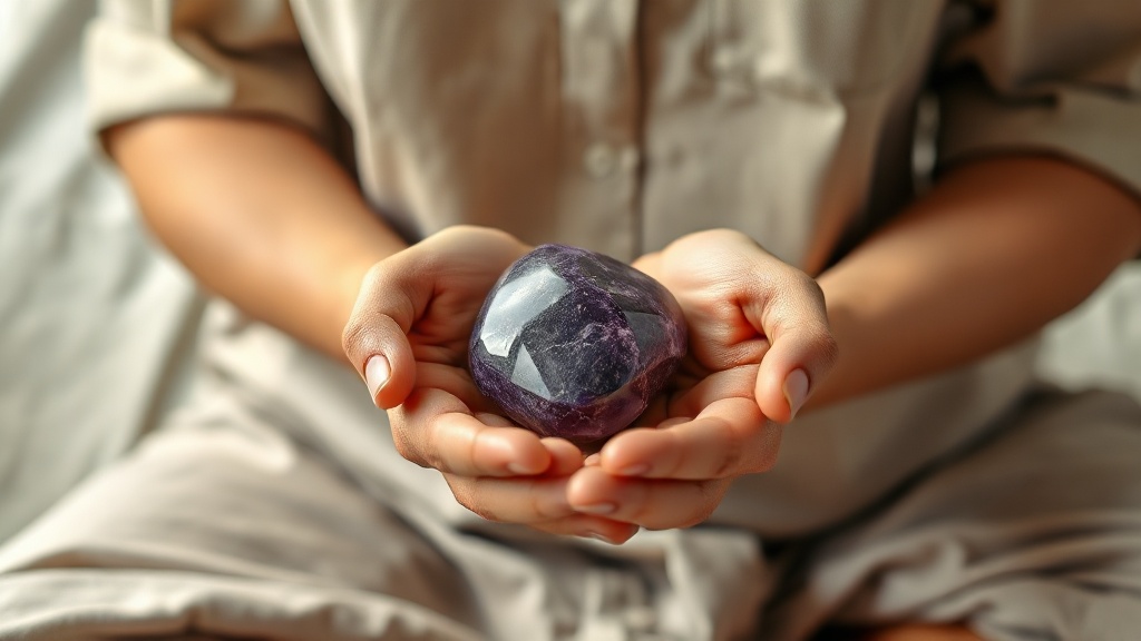Hands cupping a tumbled amethyst stone during seated meditation practice, soft natural light