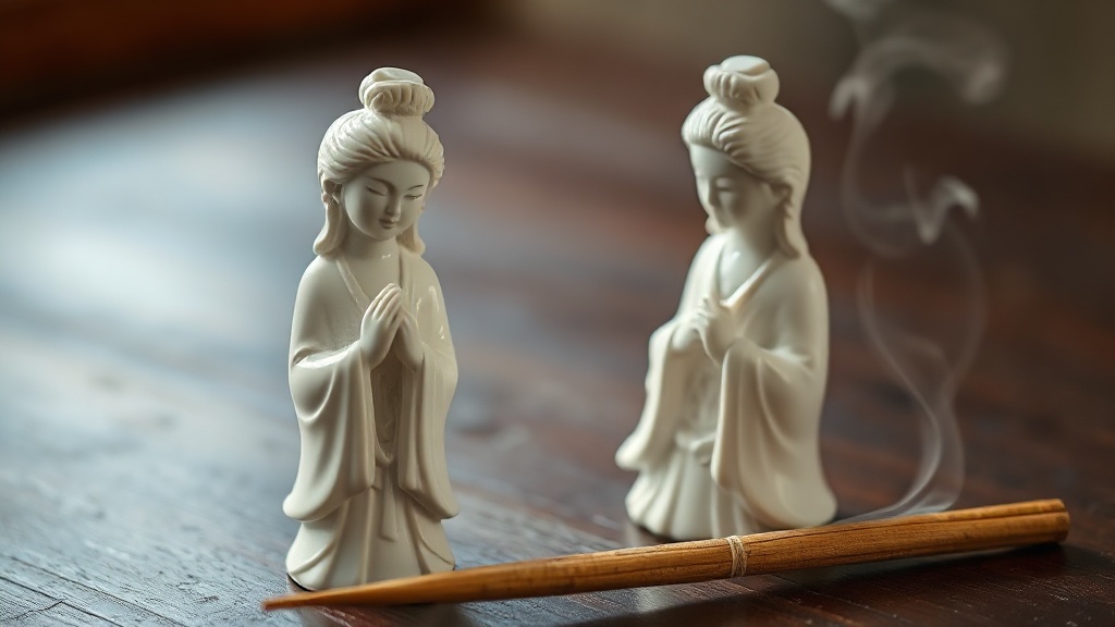 White ceramic Kuan Yin statue holding a vase and willow branch with incense smoke in the background