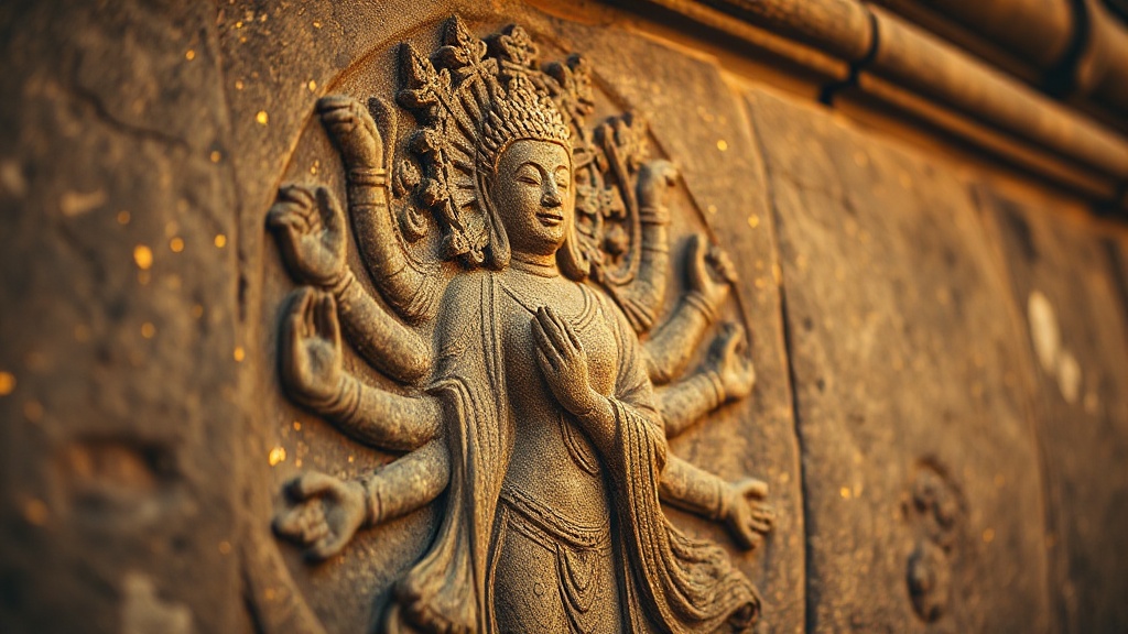 Ancient stone relief of Avalokiteshvara bodhisattva with multiple arms, temple carving