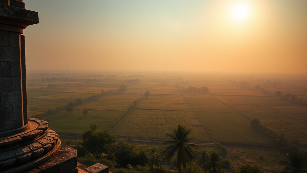 Vue panoramique depuis le sommet du Wat Banon sur la plaine rizicole de Battambang, Cambodge