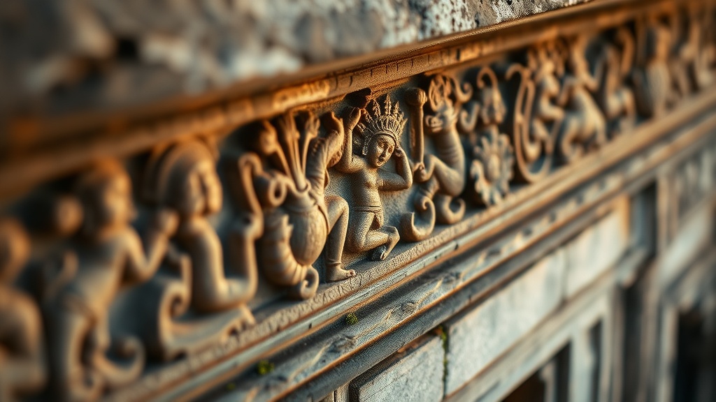 Détail d'un linteau sculpté en grès du Wat Banon, motifs khmers du XIe siècle représentant des figures mythologiques