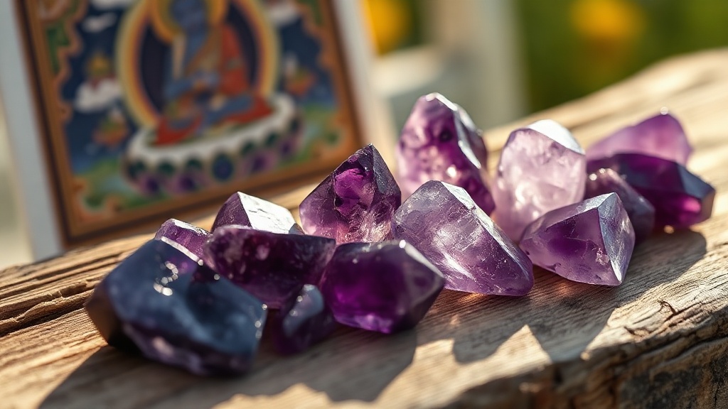 Raw amethyst crystal points on aged wood beside a fragment of Tibetan thangka painting, warm side light