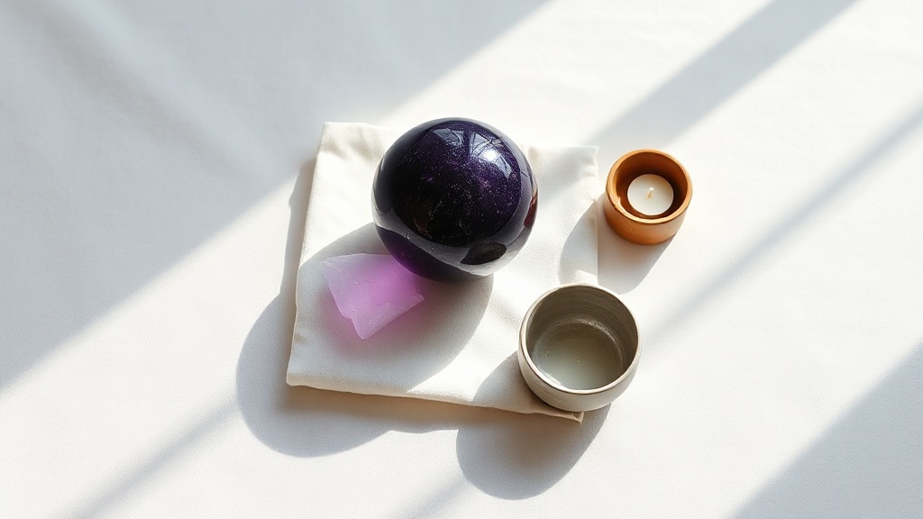 Single polished amethyst sphere on white linen beside a candle and ceramic bowl, minimal altar arrangement