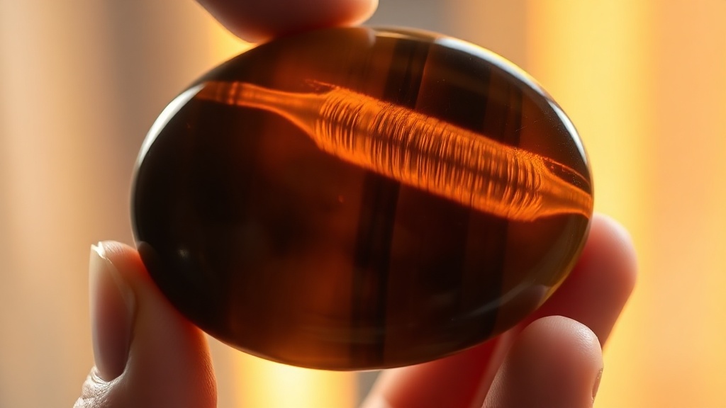 Close-up of a polished tiger eye cabochon showing the chatoyancy shimmer band in warm golden light