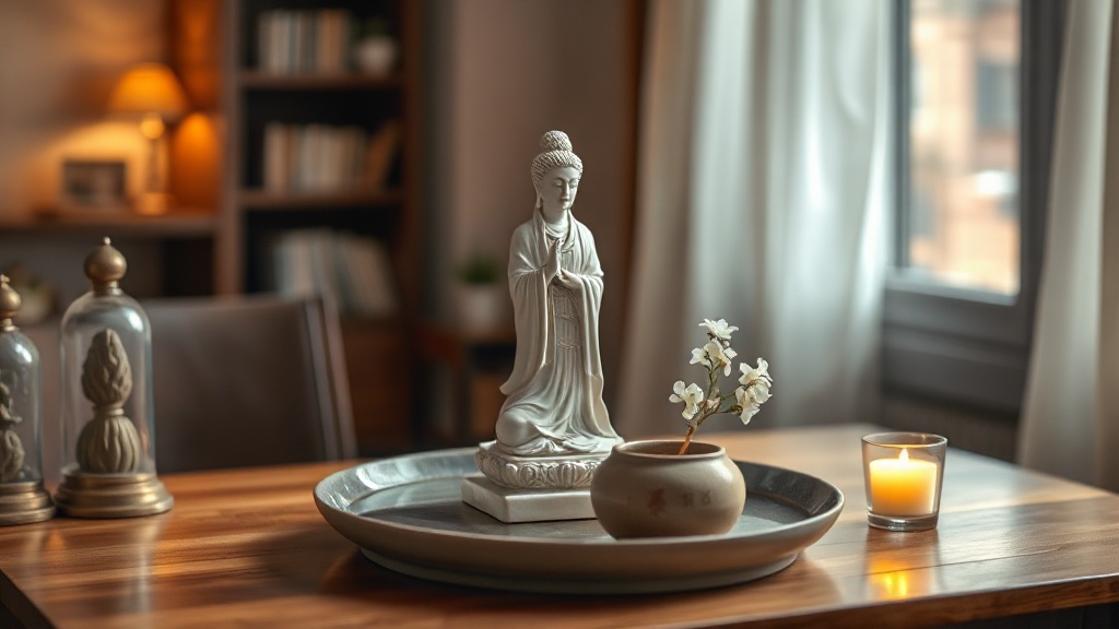 A simple home altar with a Kuan Yin statue, fresh water offering, incense, and white flowers
