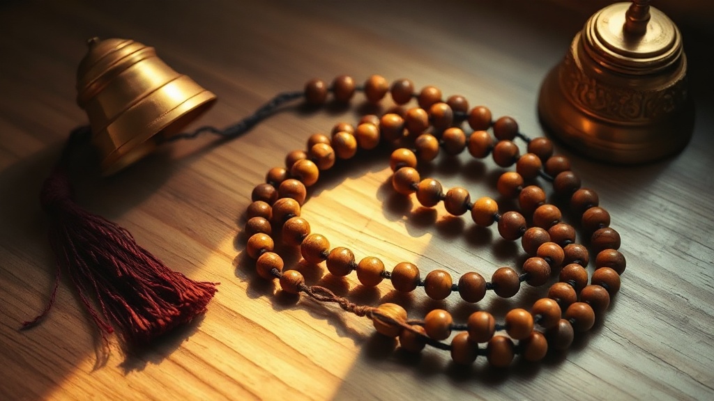 Tiger eye mala beads coiled on a wooden surface next to a small brass Tibetan prayer bell