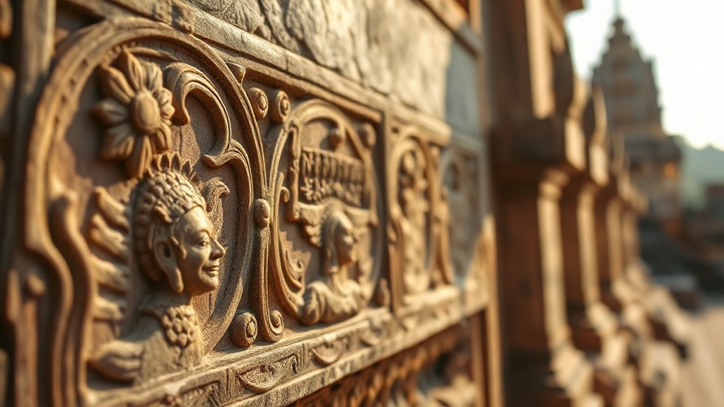 Détail de sculptures en pierre sur la façade du vihara du Wat Phnom, motifs floraux et figures mythologiques khmères