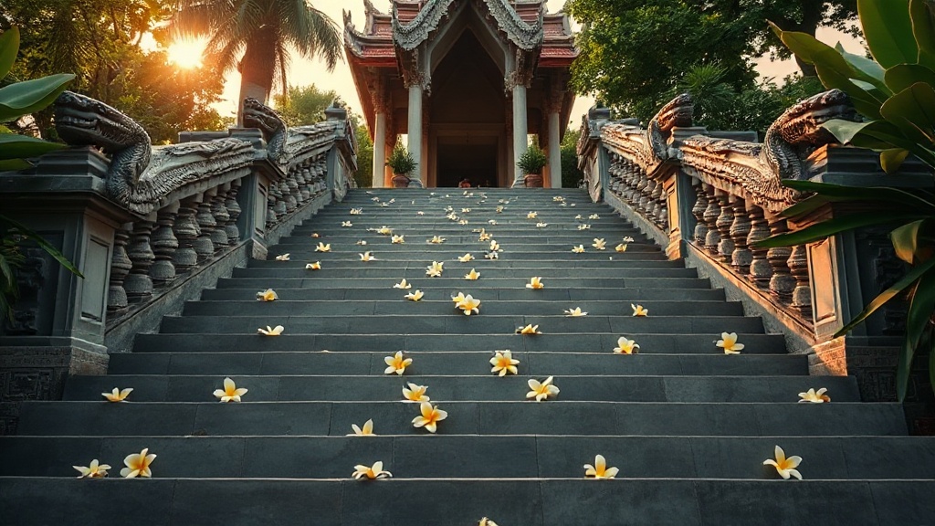 Escalier d'accès au Wat Phnom bordé de balustrades naga en pierre sculptée, Phnom Penh