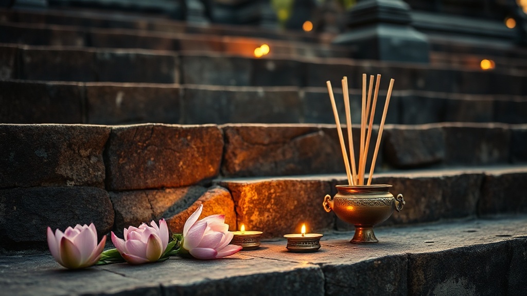 Offrandes bouddhistes devant un autel de temple khmer : fleurs de lotus, bâtons d'encens et bougies