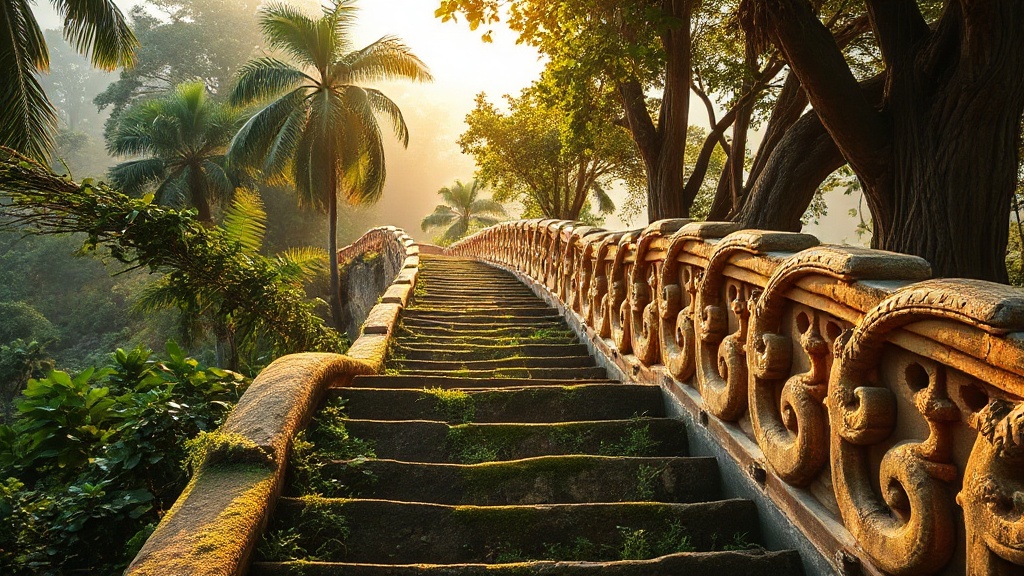 Escalier en pierre menant au sommet du Wat Banon, flanqué de balustrades en grès sculptées de naga