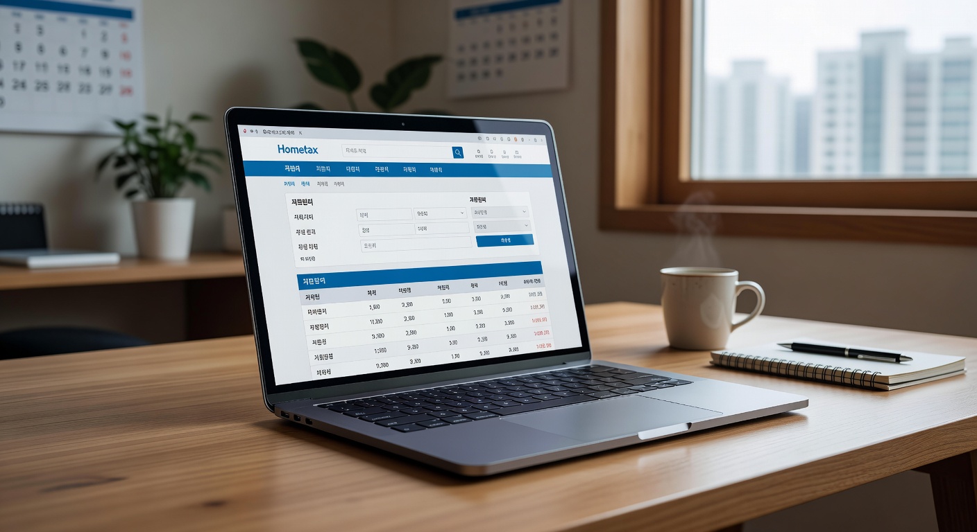 laptop screen showing Hometax website interface on a wooden desk