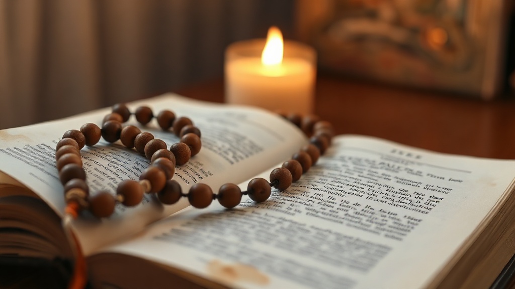 Texte bouddhiste pali ouvert avec un mala en bois posé dessus, lumière douce