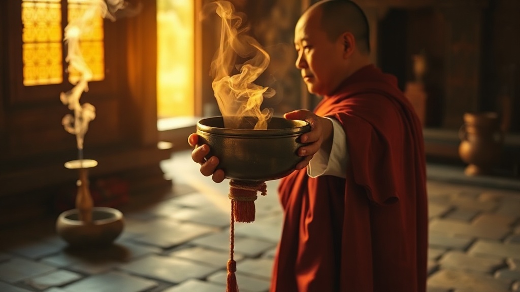 Mains tenant un bol tibétain dans un monastère bouddhiste, lumière dorée tamisée