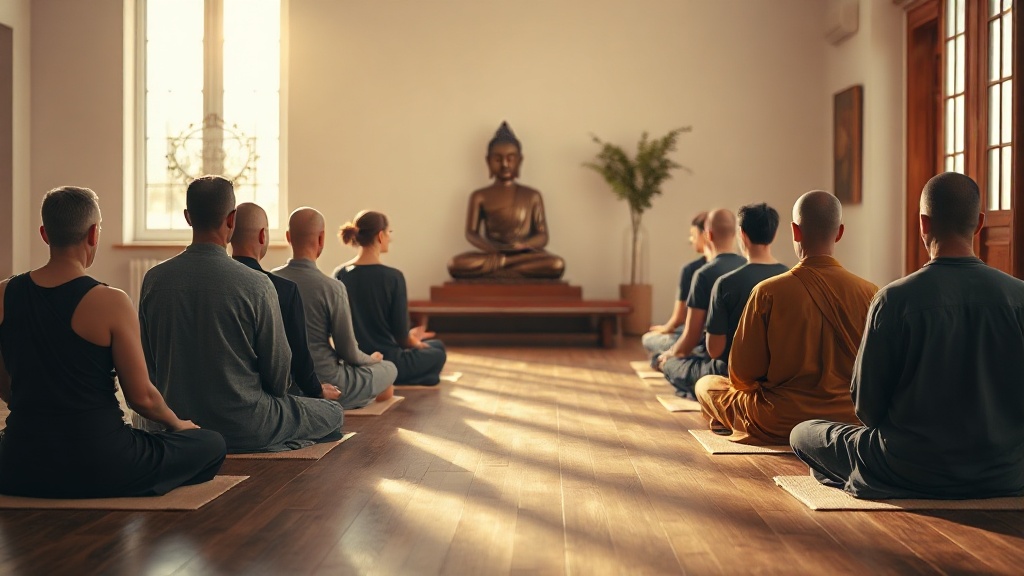 Groupe de pratiquants en méditation assise dans un centre bouddhiste européen, vus de dos