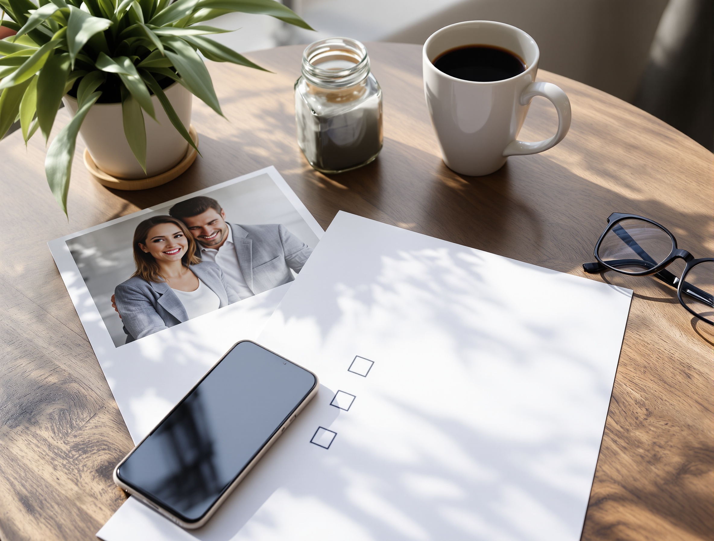 A simple desk setup representing a headshot comparison checklist with printed photos and eyeglasses