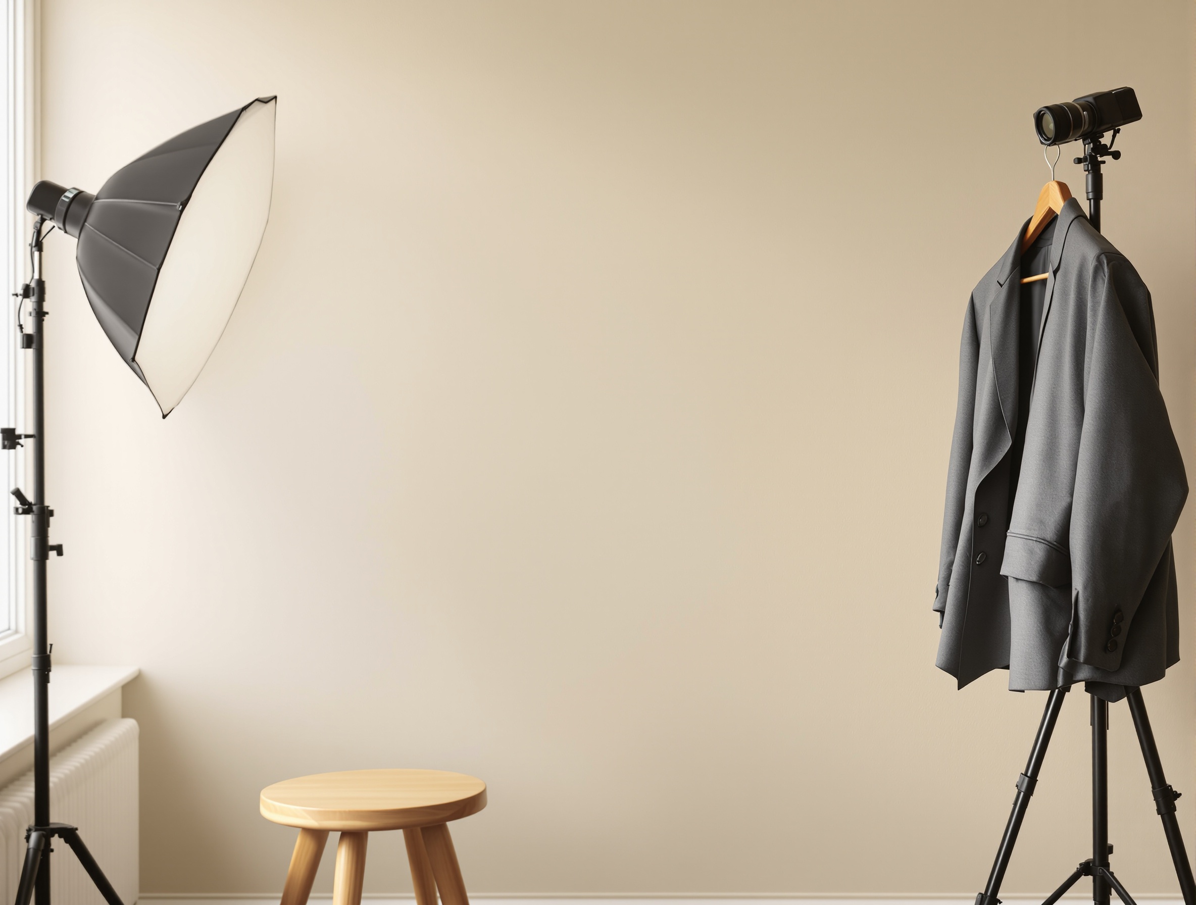 A simple portrait setup showing neutral background and wardrobe preparation for realistic headshots