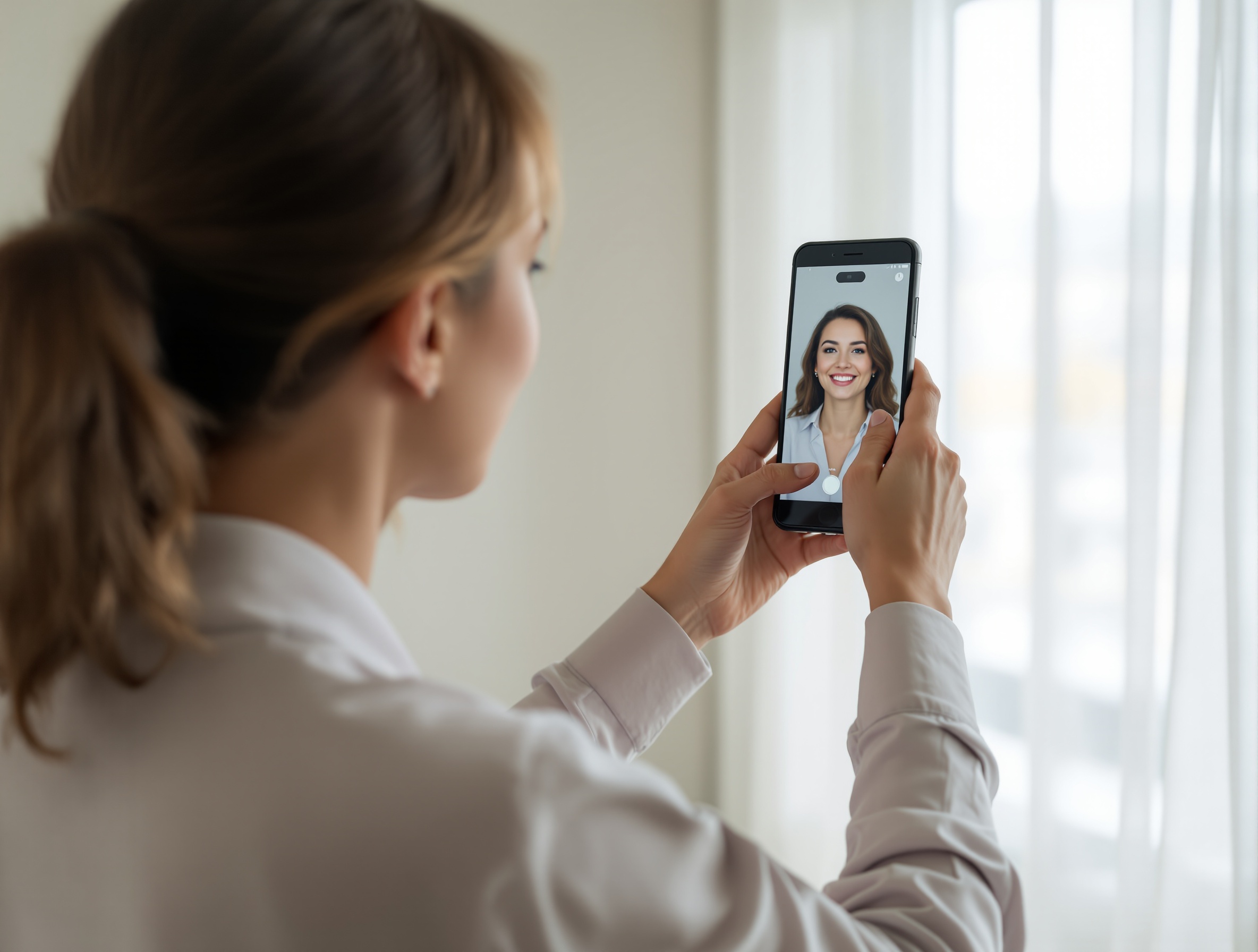 A person taking a well-lit selfie near a window for an AI headshot generator