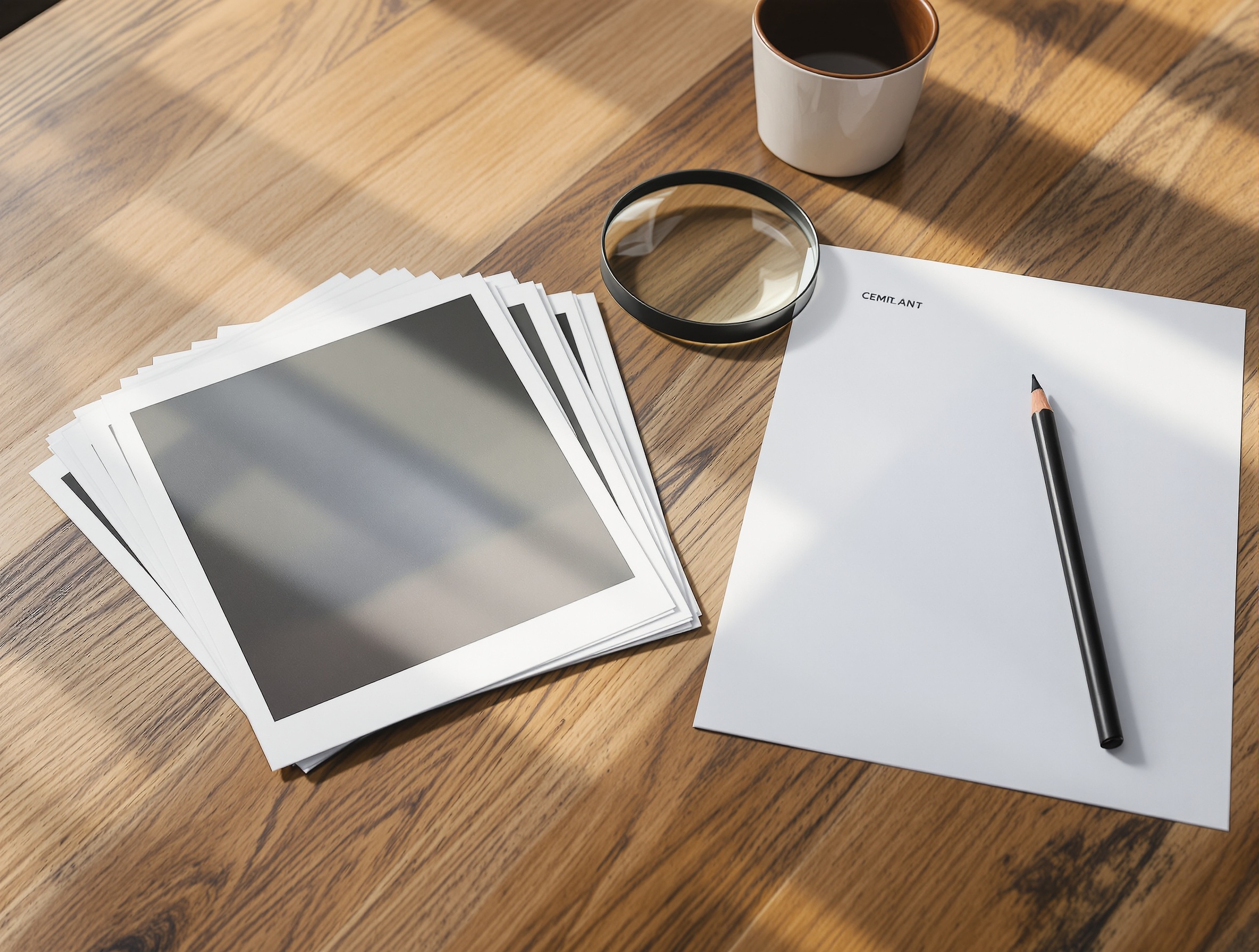 Printed photo thumbnails on a table with a simple scoring sheet and pencil, illustrating a rubric-based way to judge AI image outputs
