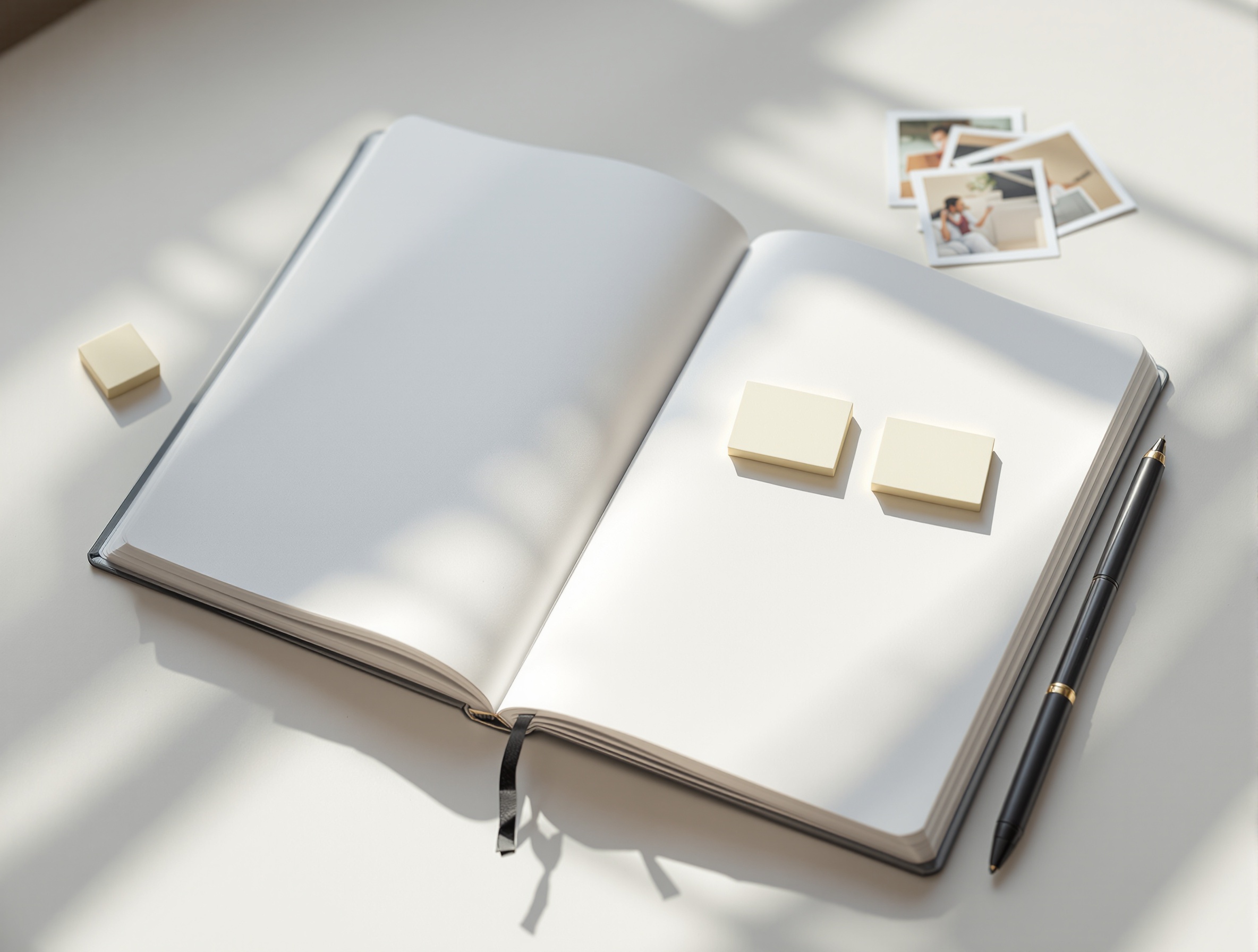 A notebook and five small notes laid out like prompt versions, representing a simple prompt iteration system for creating multiple AI image variations