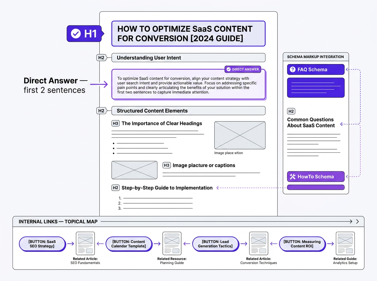 Annotated SaaS blog post wireframe showing H1, FAQ schema, and internal links for AI retrieval