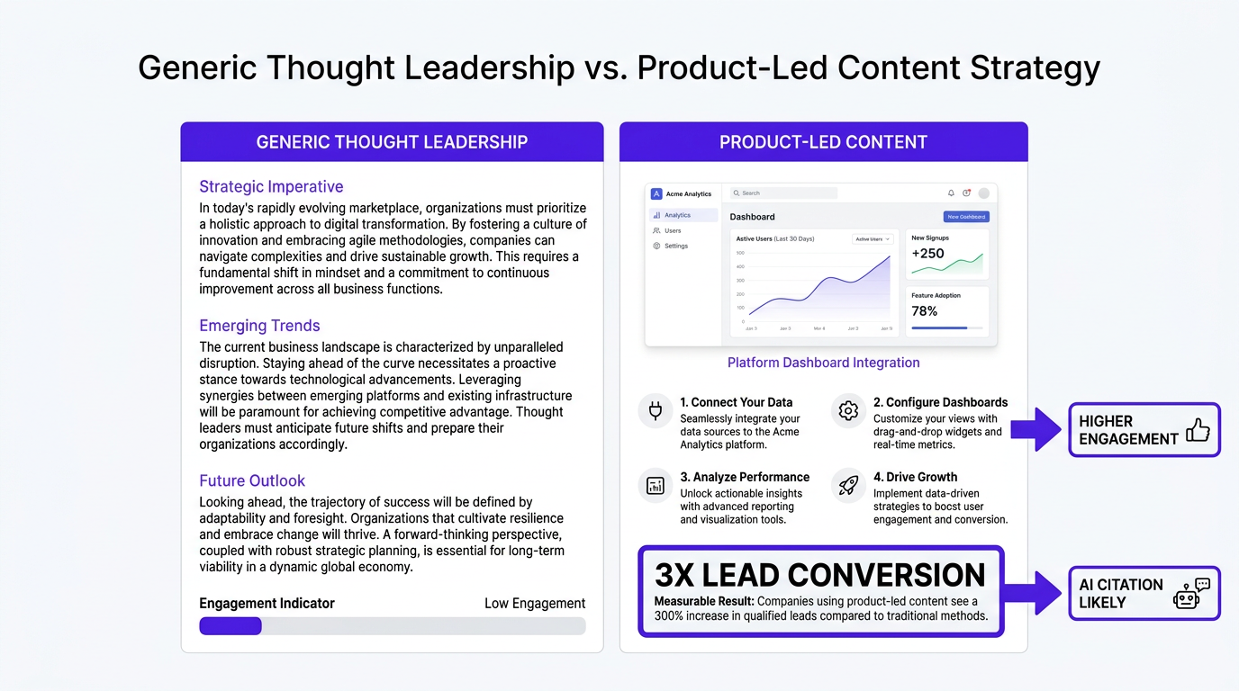 Side-by-side infographic comparing generic versus product-led SaaS content marketing