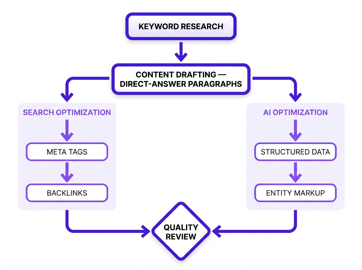 Flowchart of SaaS content optimization process for search and AI answer engines