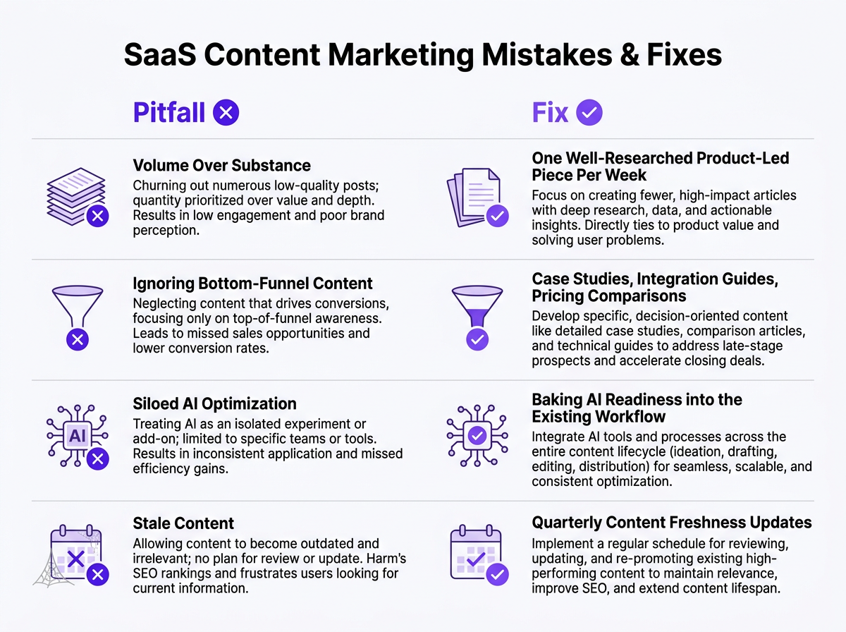SaaS content marketing pitfalls and fixes checklist infographic