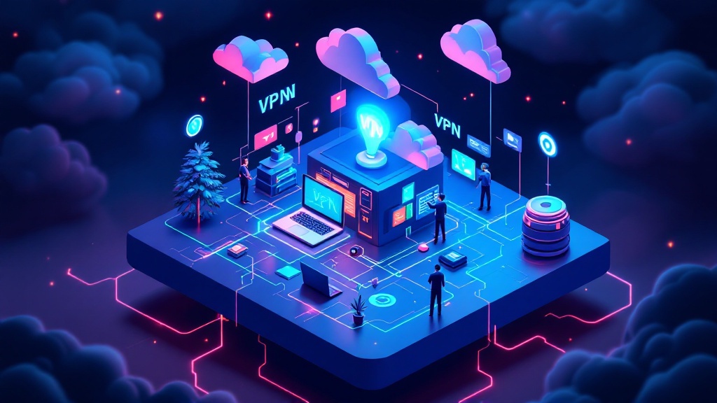 Secure remote access with self-hosted VPN setup, featuring a laptop and network icons on a digital background.